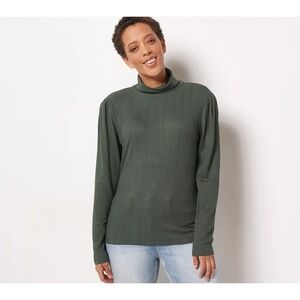 Lulu B Waffle Knit Army Green Blouse Cowl Neck Pockets Top Shirt, Size XL